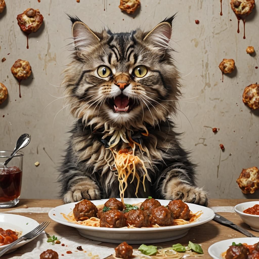 Funny Cat Eating Meatballs Like Person at Table