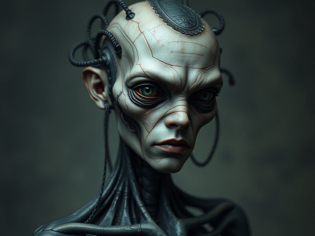 Ethereal, Cybernetic Humanoid in a Dark, Muted Landscape