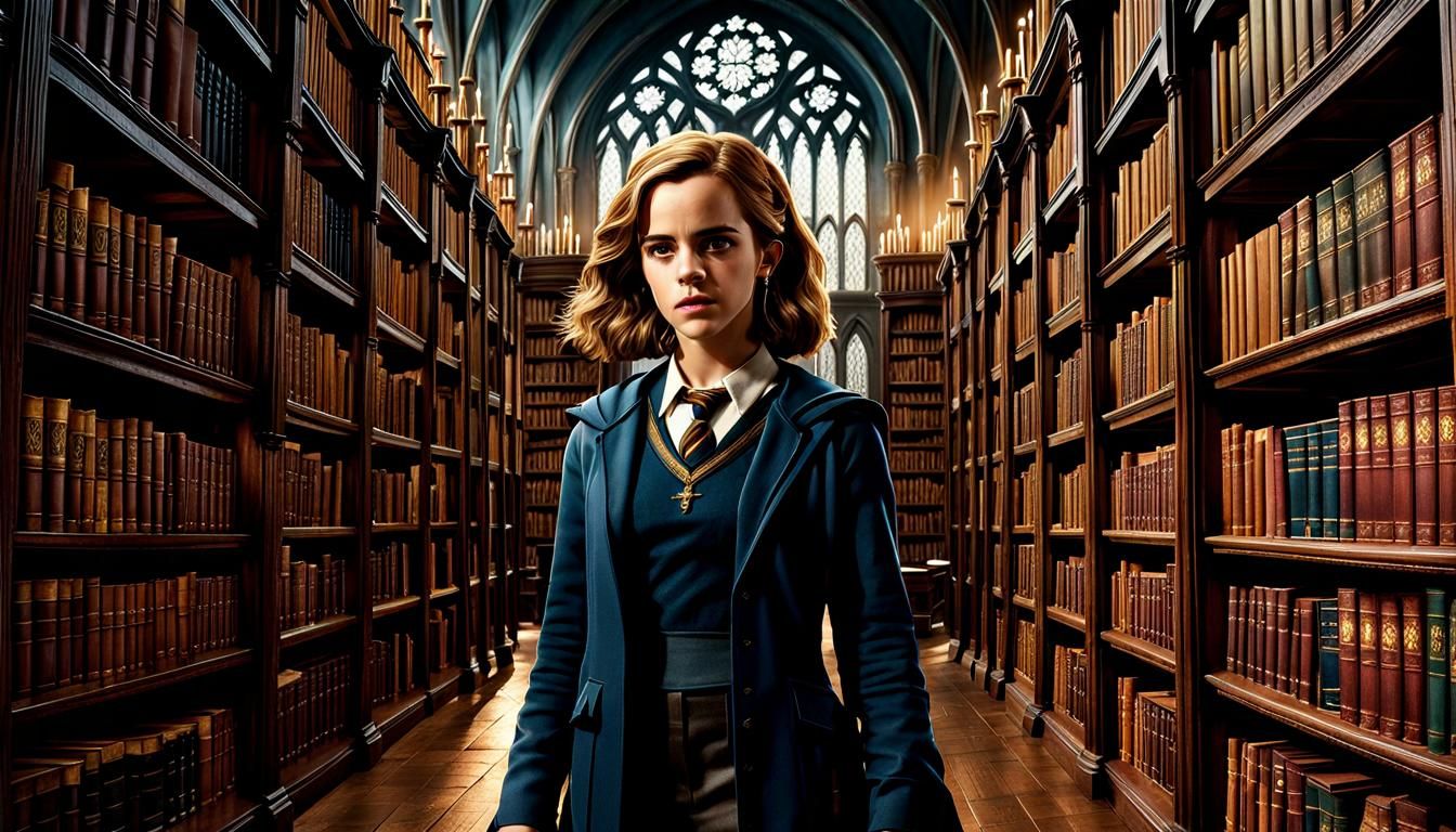 Hermione Granger in Hogwarts Library, Detailed Matte Paintin...