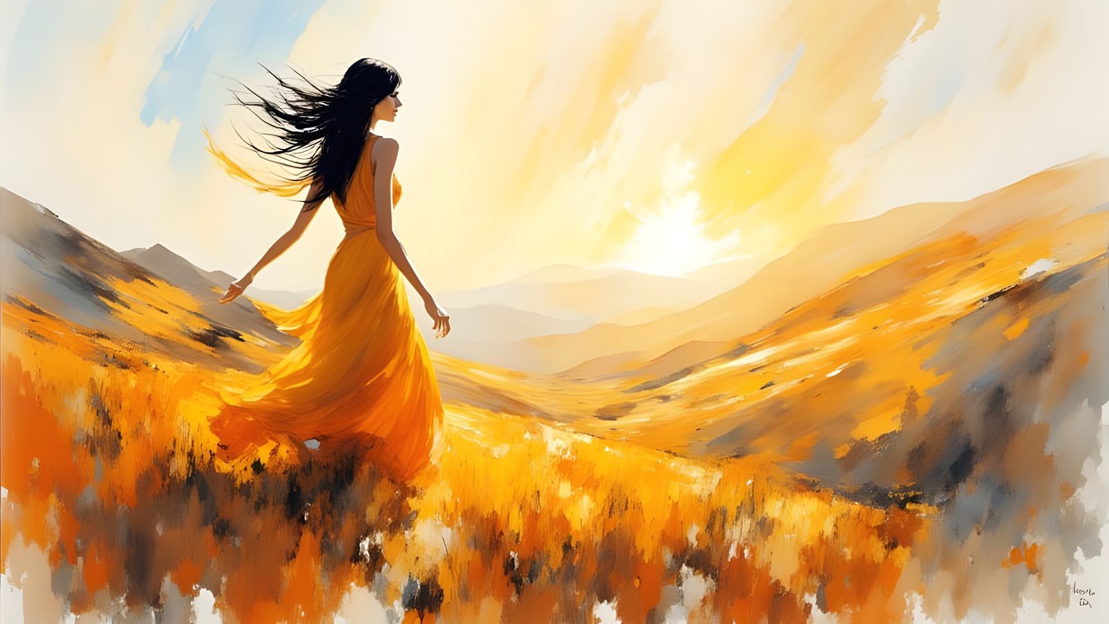 Ethereal Figure Dancing in Golden Hour Watercolor