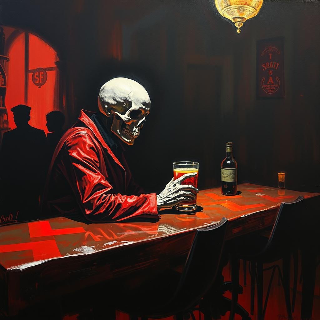 Death at a Bar: Oil Painting in Red and Black