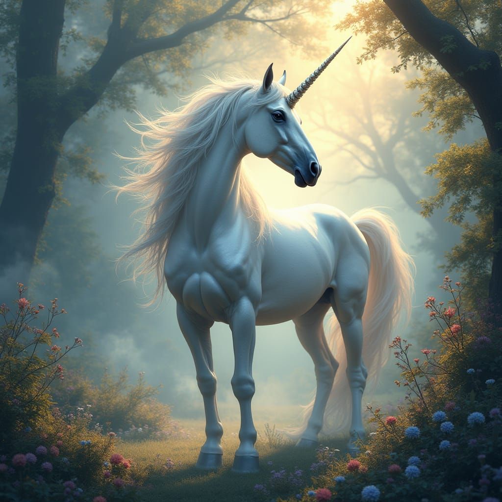 Majestic Unicorn in Ethereal Landscape