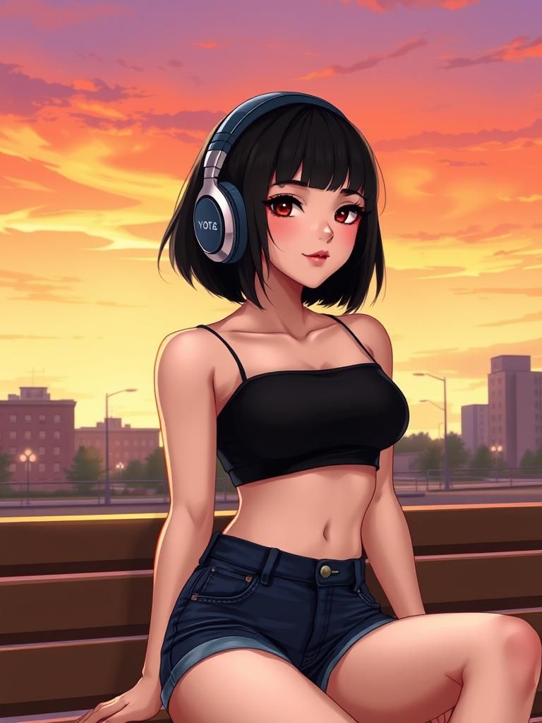 Young Woman with Headphones in Urban Sunset Scene
