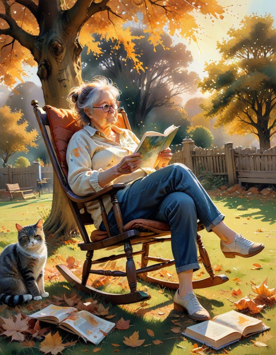 Old Woman Reading Under Oak Tree in Watercolour Style