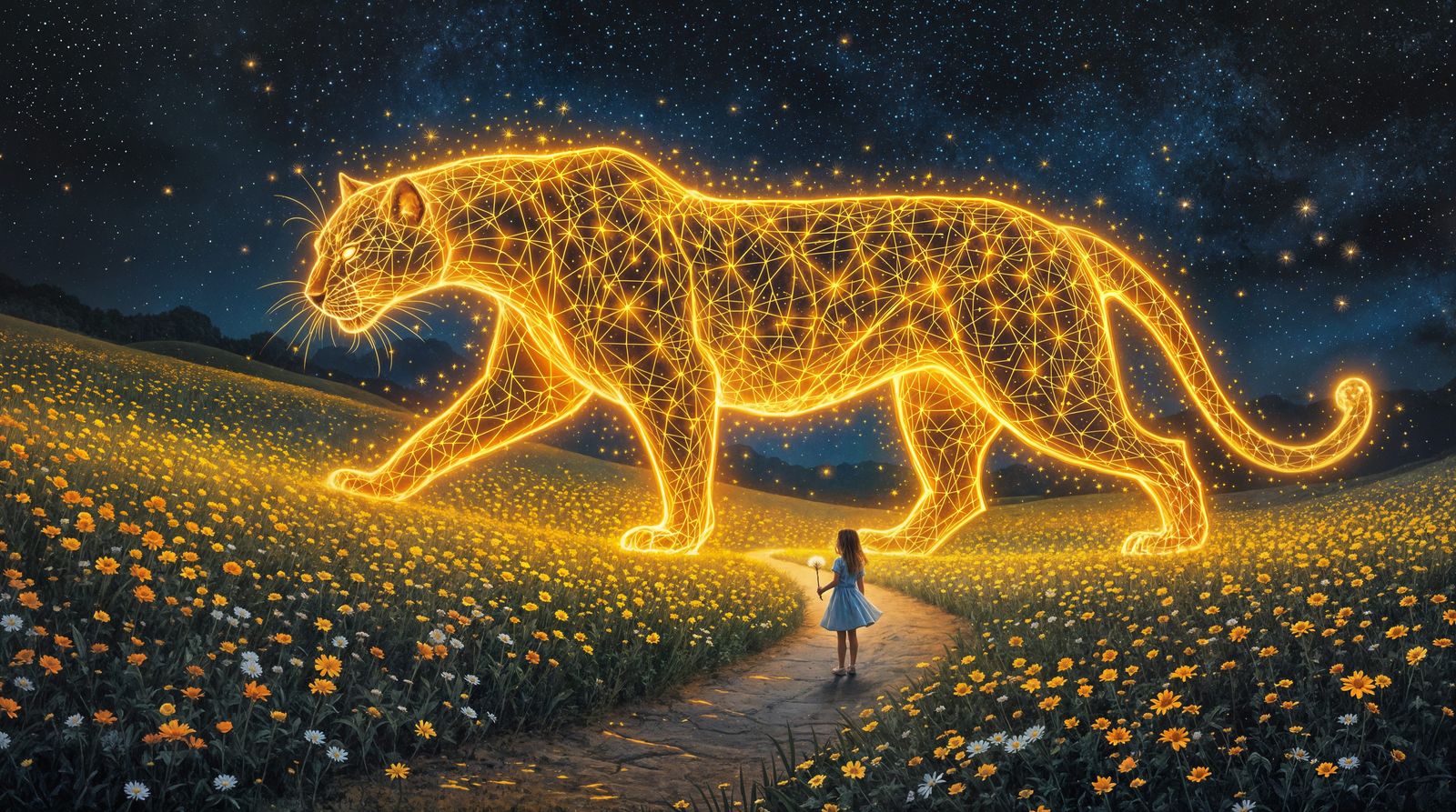 Whimsical Astral Panther in a Starry Night Field