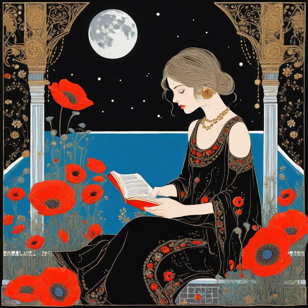 Woman Reading by Pool in Palekh Style