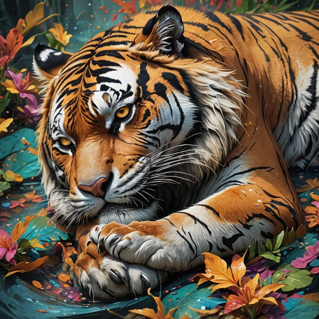 Hyperrealistic Tiger Sleeping with Colorful Background