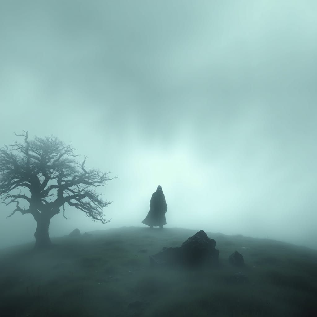 Ethereal Figure on Windswept Moor in Gothic Horror Style