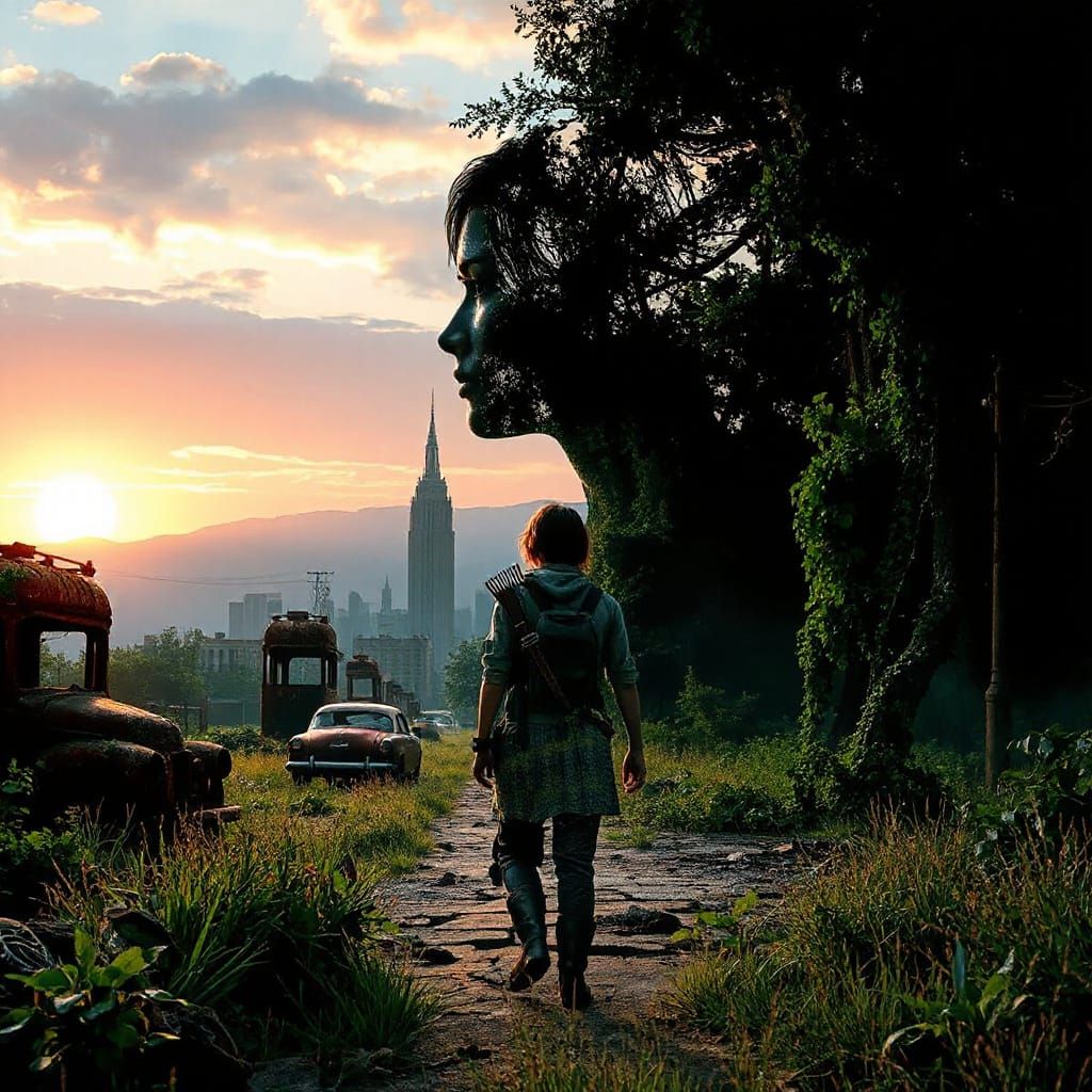 Ellie's Silhouette Merged with Post-Apocalyptic America