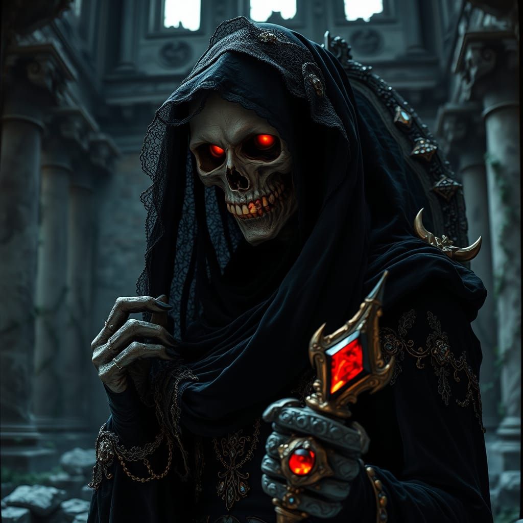 Undead Sorceress in Tattered Velvet Gown