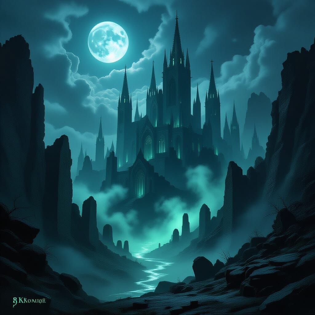 Eldritch Castle: Gothic Fantasy Ruins Under Eerie Sky