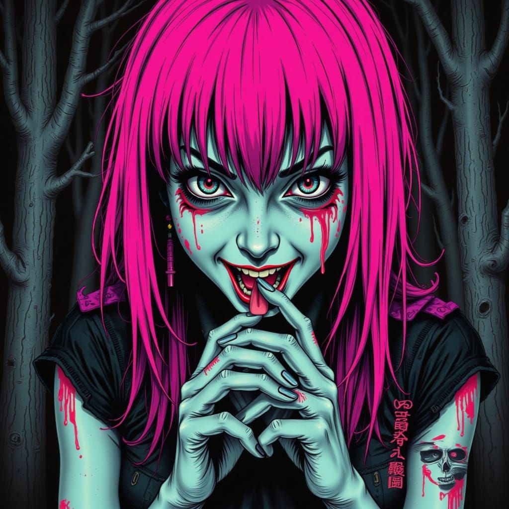 Glitchpunk Horror: Pixelated Portrait in Junji Ito Style