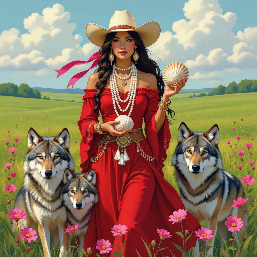 Female Shaman in Red Dress with Wolves, Vibrant Art