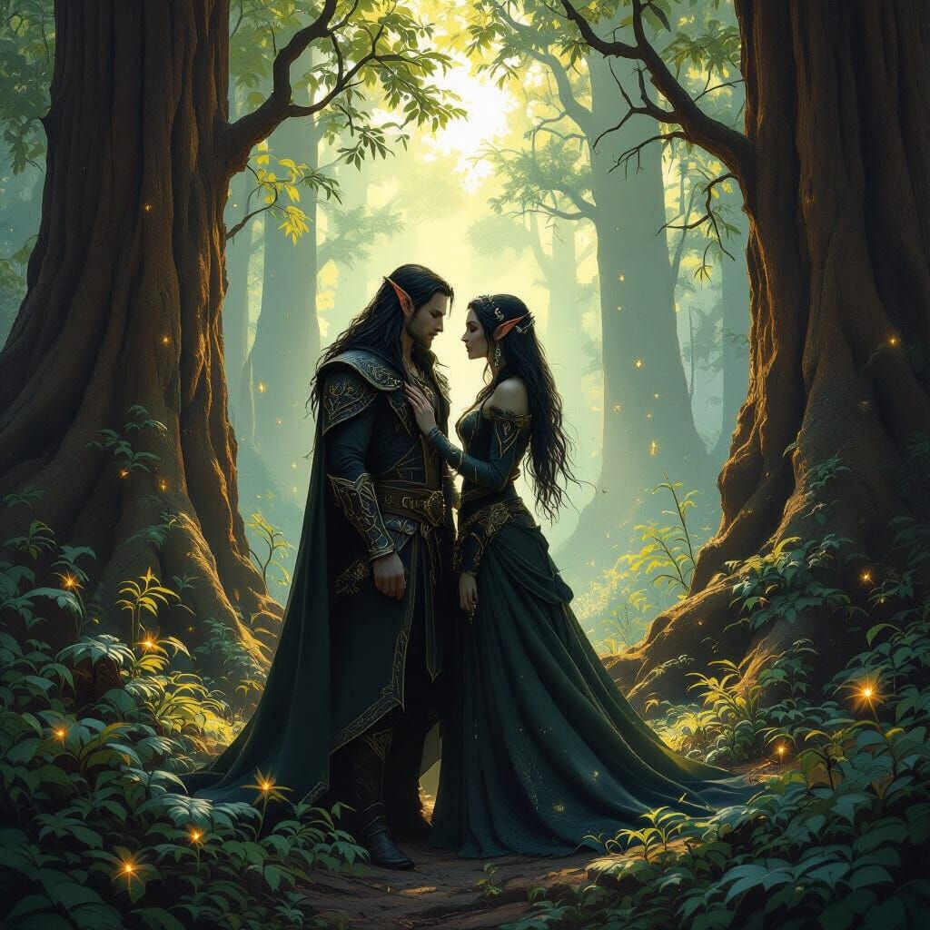 Drow Elves Share Secret Words in Sunlit Redwood Forest