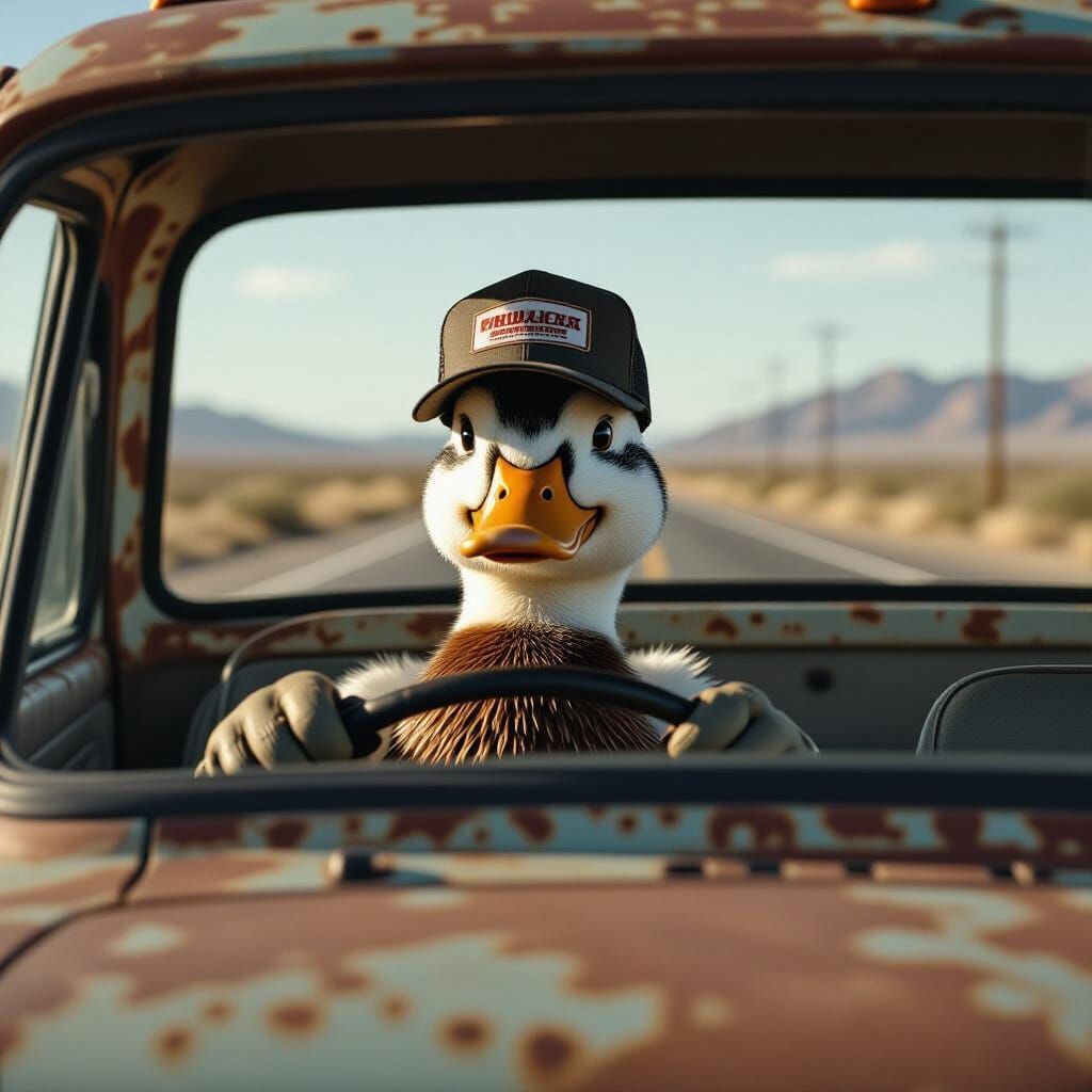 Duck Driver on Deserted Highway: Cinematic Film Still