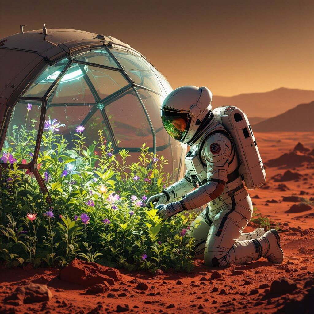 Astronaut's Bioluminescent Garden on Mars