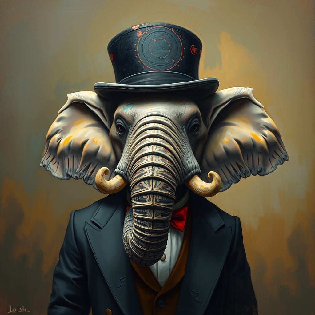 Elephant in Tuxedo and Top Hat: Vibrant Matte Painting