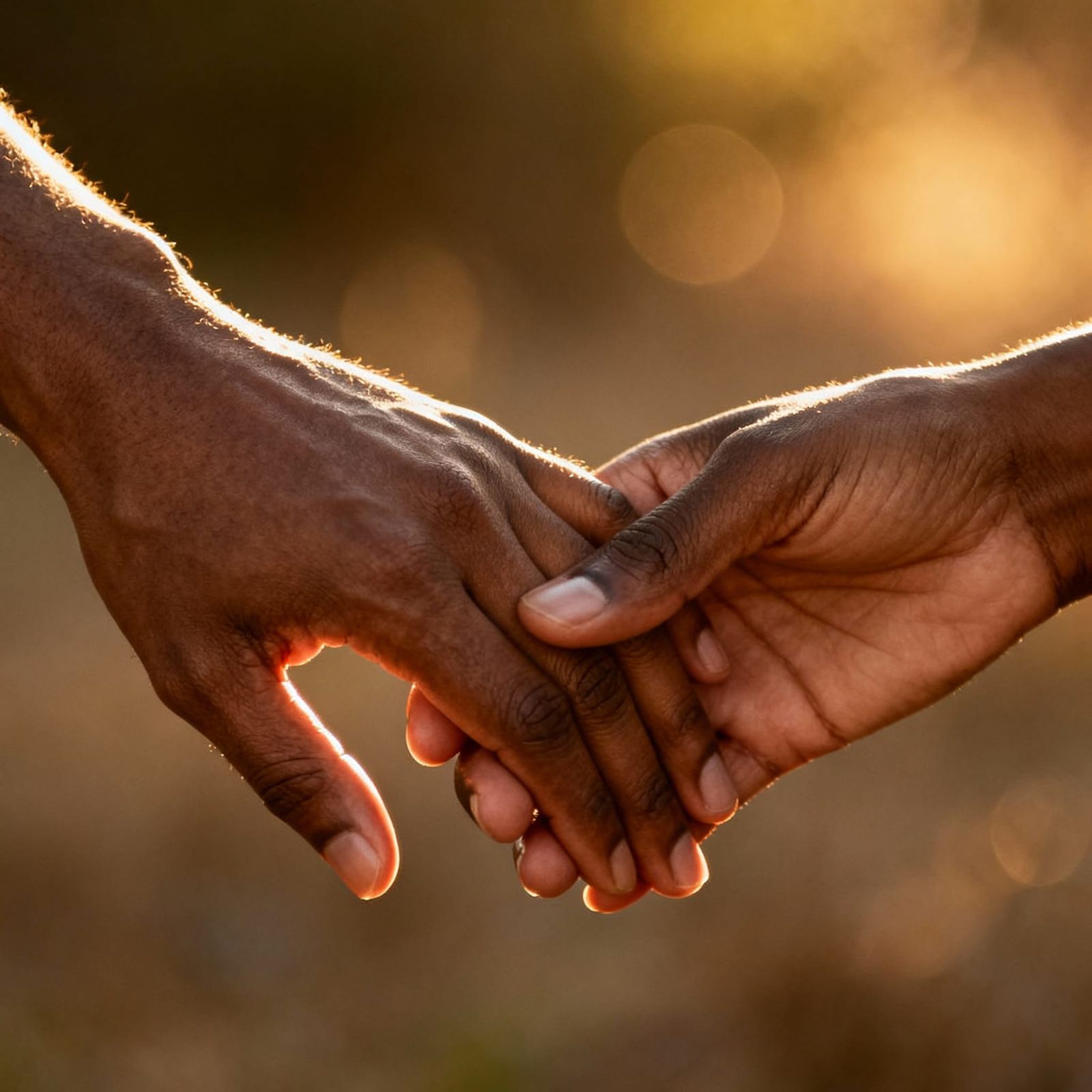 Two Hands Gently Touching in Golden Hour Light