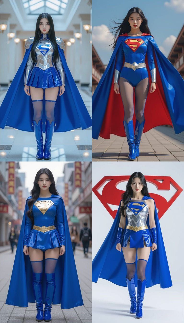 Chinese Superwoman in Blue Patent Leather Outfit