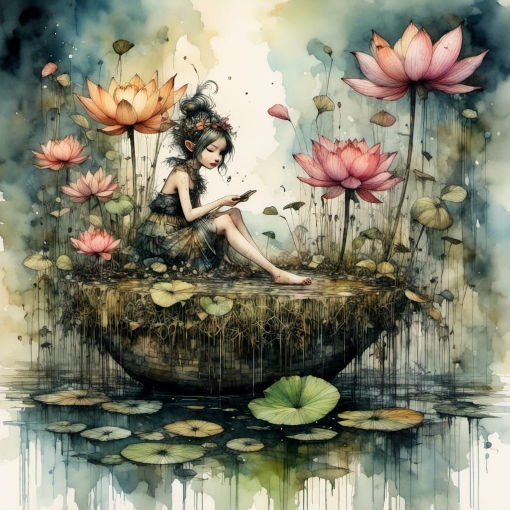 Antique Pixie on Lotus Flower in Chiaroscuro