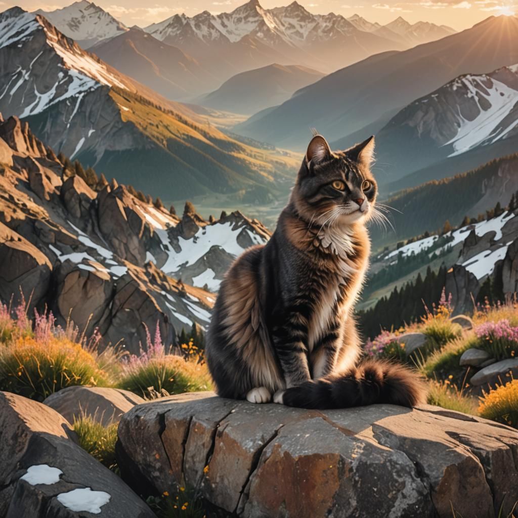 Cat in Snowy Mountain Landscape, Bob Ross Style