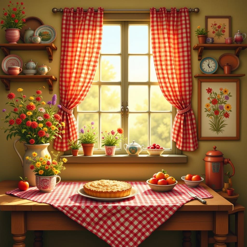 Cozy Autumn Kitchen Folk Art Illustration