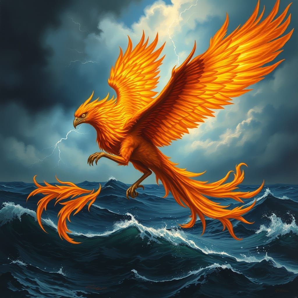 Majestic Fire Phoenix Soars Above Stormy Sea in Classical Oi...