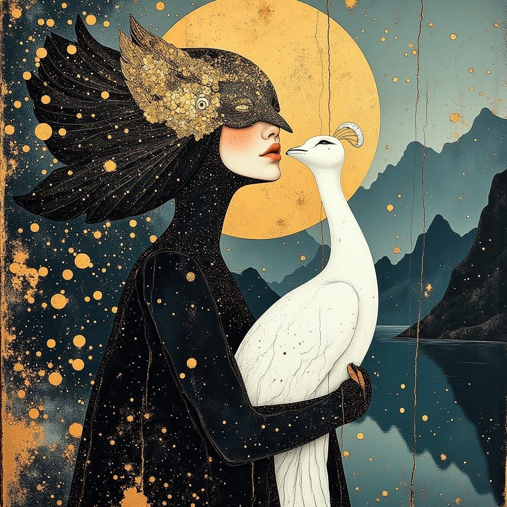 Woman and Peacock in Golden, Dreamlike Splendor