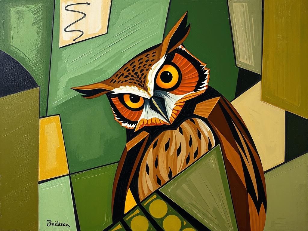 Abstract Owl in Cubist Style, Geometric Painting