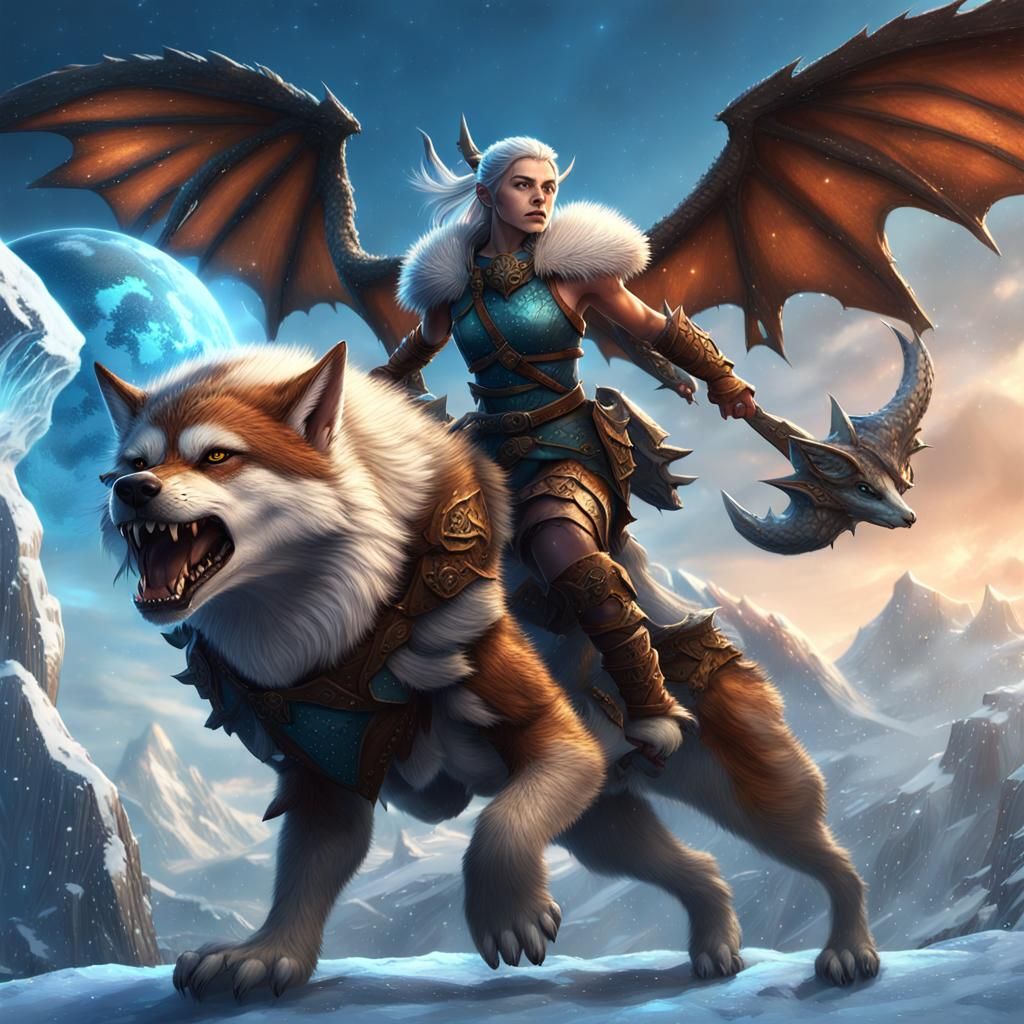 Wolf Elf Riding Ice Weasel on Exploding Planet