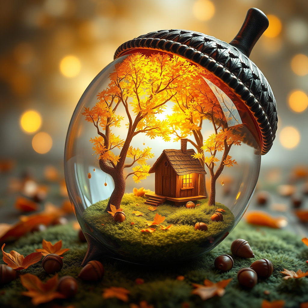 Glass Acorn Diorama with Autumnal Cabin Scene