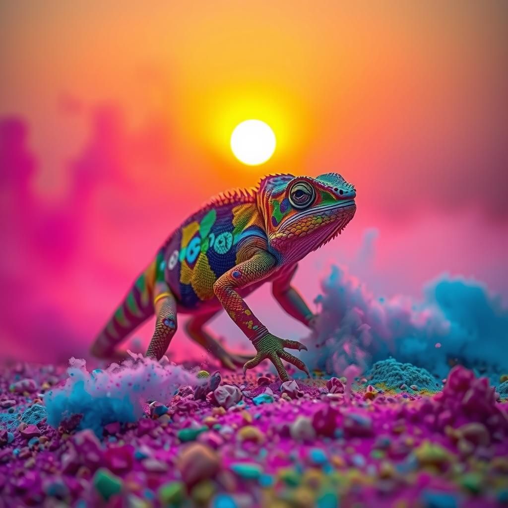 Iridescent Chameleon in Holi Powder Sunset