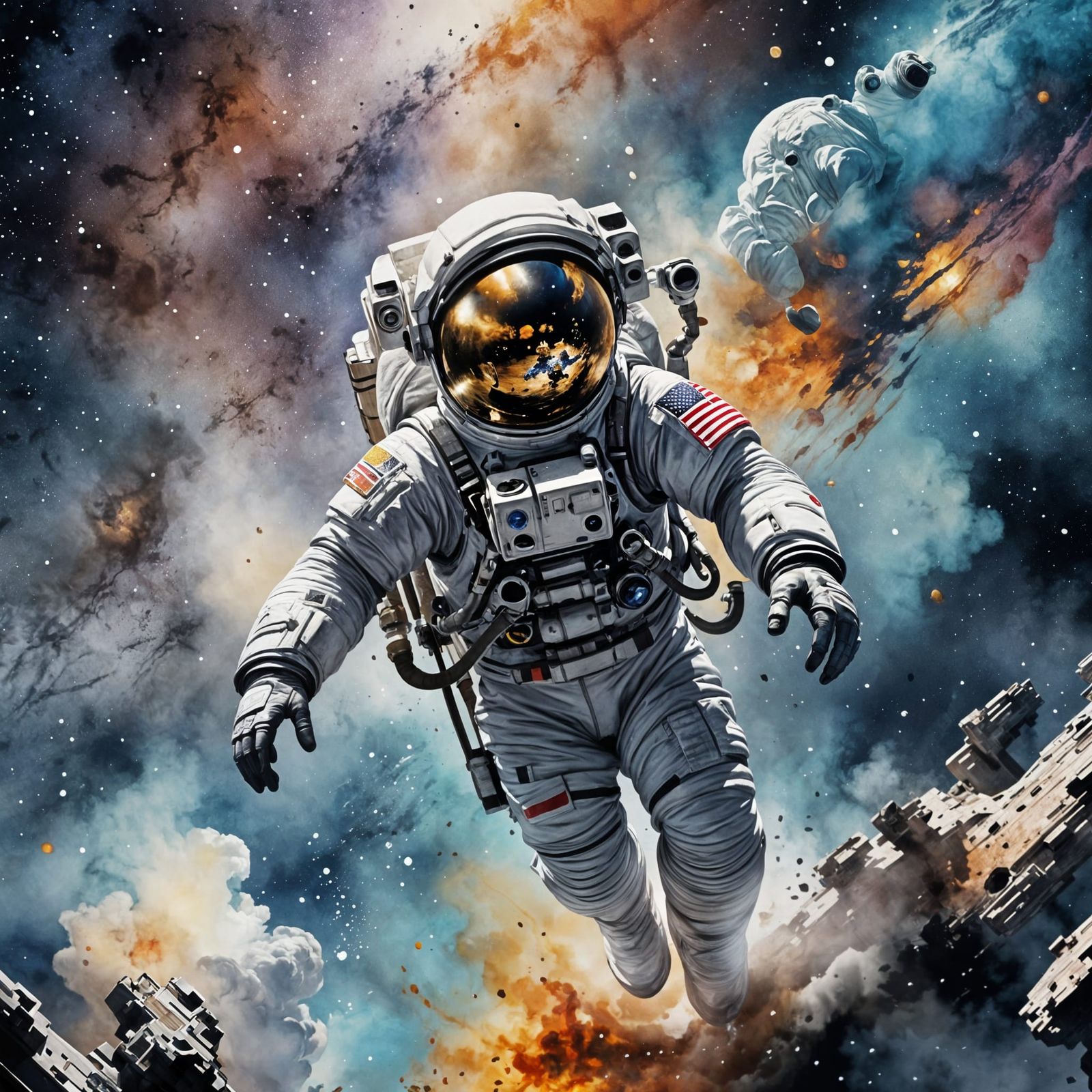 Astronaut Spacewalking: Detailed Watercolor Art