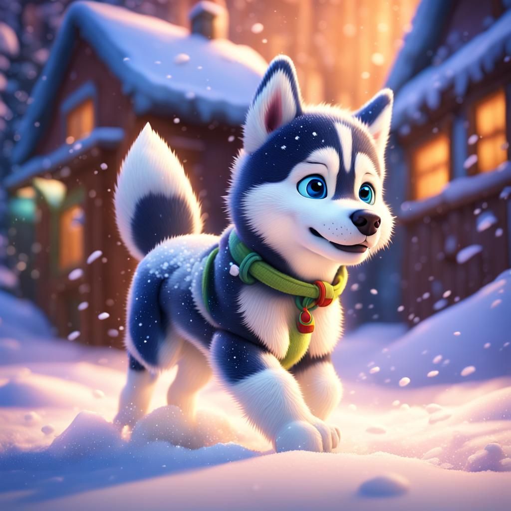 Cute Husky Pup Plays in Snow: 3D Digital Art