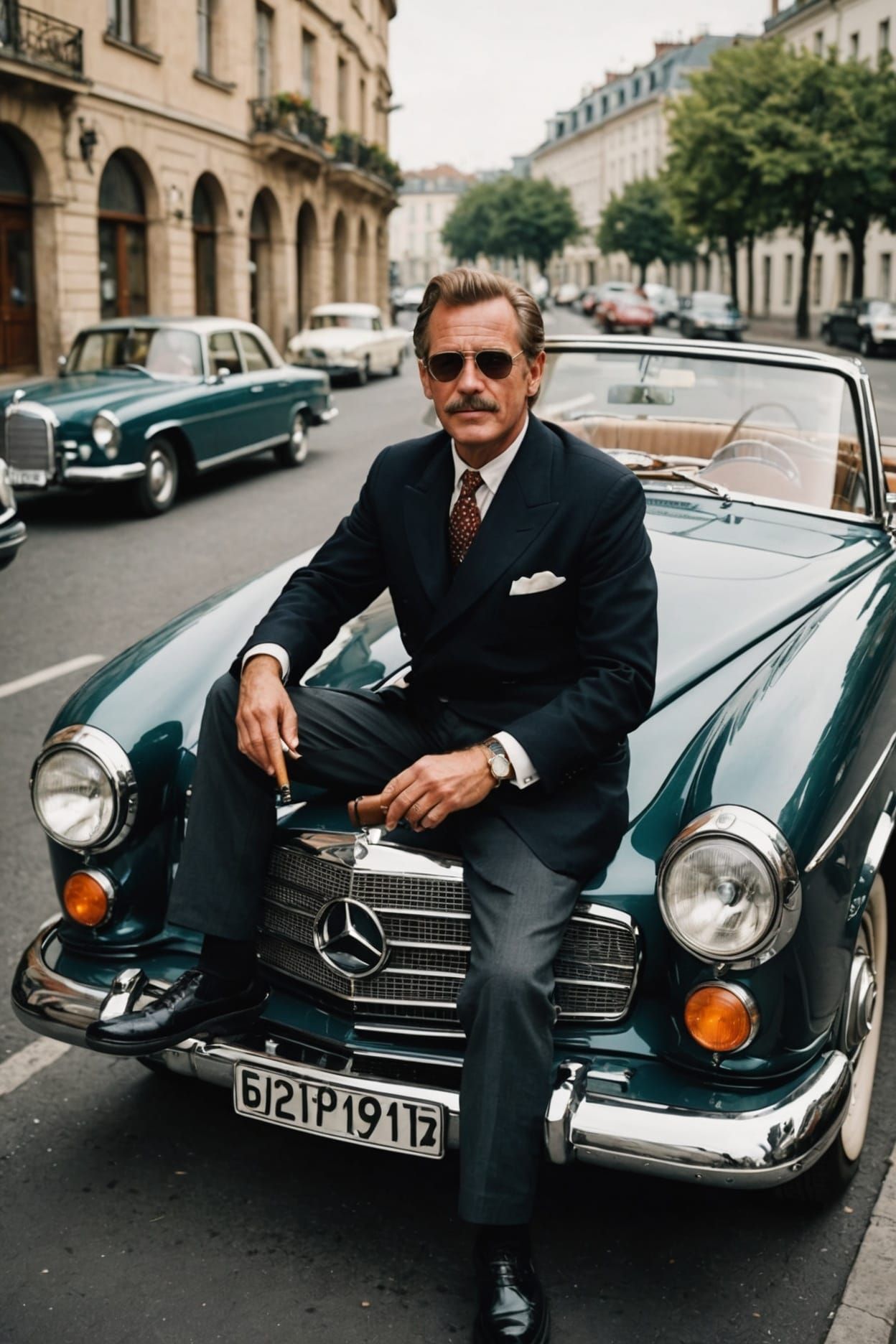 Man with Cigar on Vintage Mercedes: Classic Photo