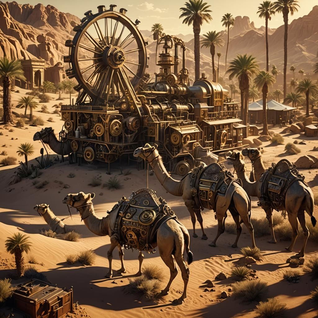 Steampunk Oasis in Desert Landscape, Fantasy Concept Art