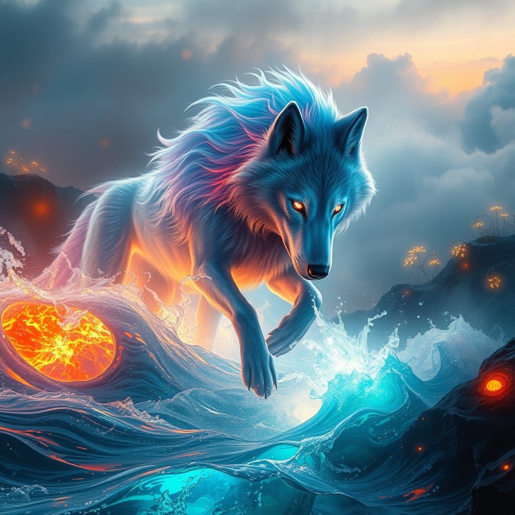 Ethereal Aura Wolf Battles Elemental Forces in Dreamlike Lan...