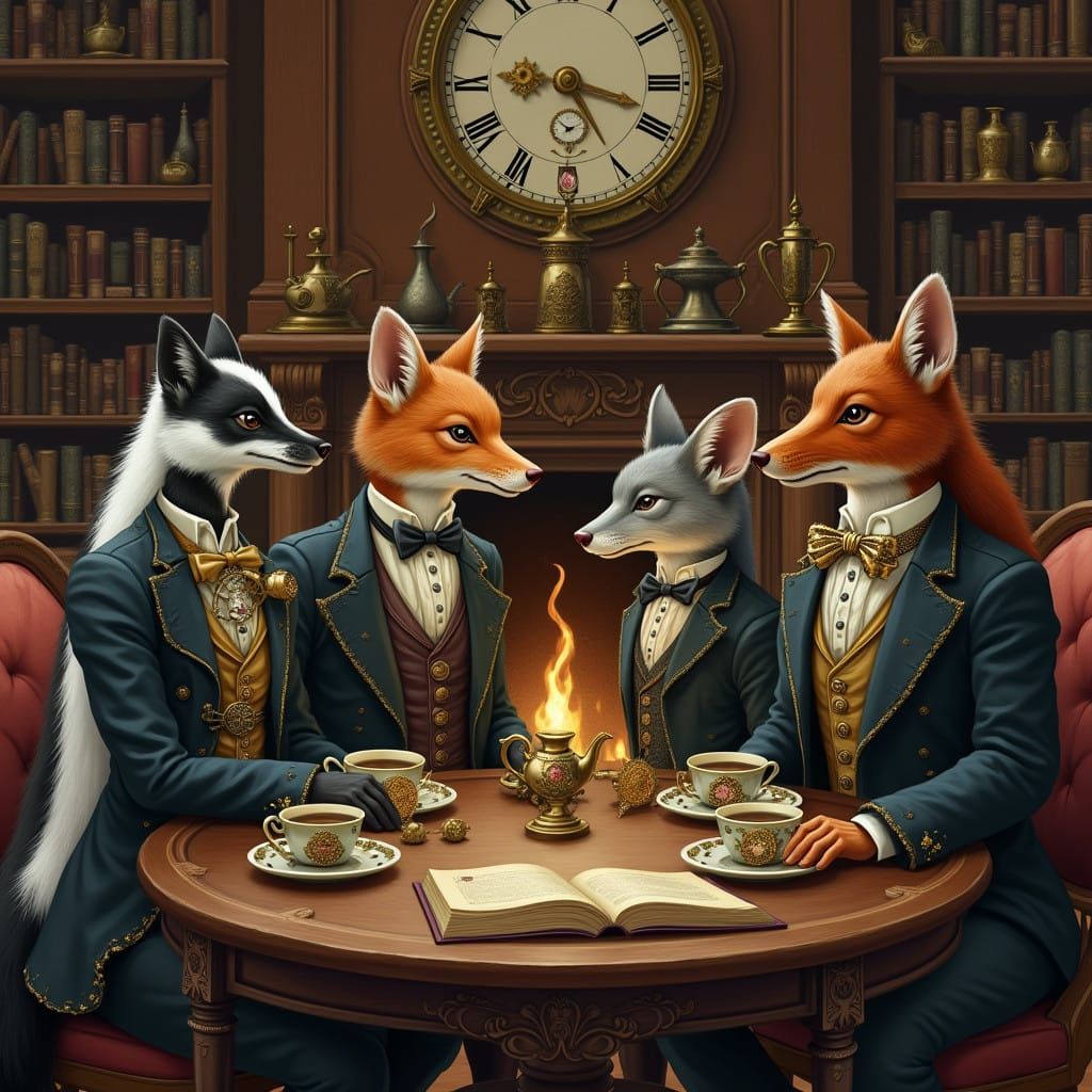 Steampunk Creatures Gather Around a Victorian Fireplace