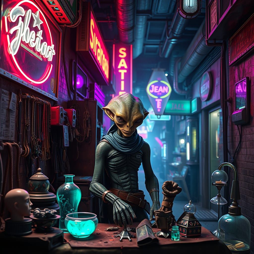 Alien Vendor in Futuristic Spaceport Alleyway