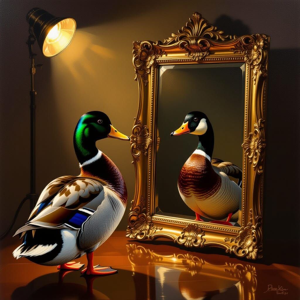 Duck Sees Goose Reflection in Antique Mirror