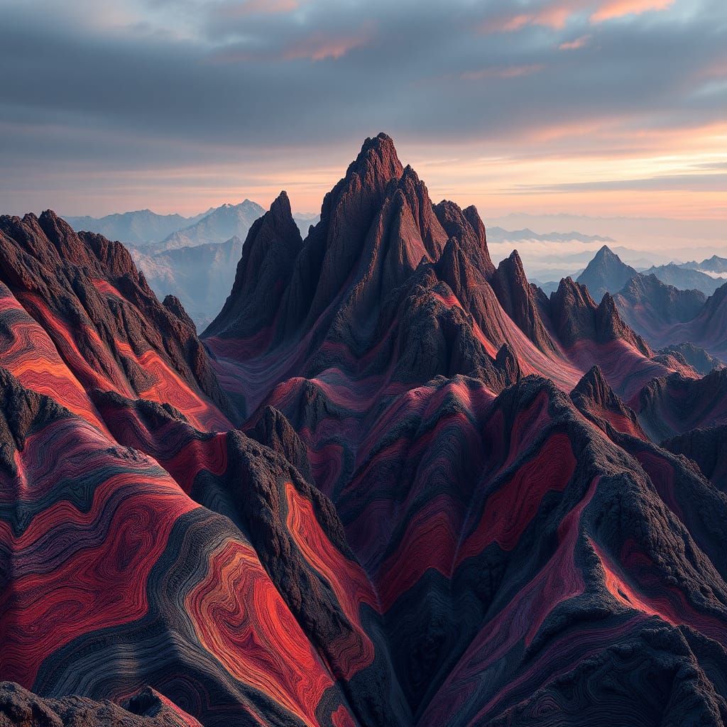 Color field mountains jagged epic 3D 4K 8K hand sewn thin th...