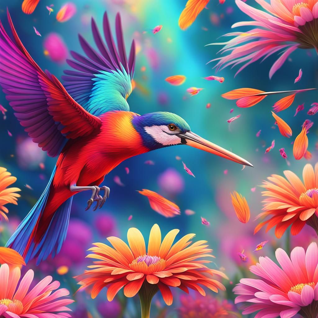 Vibrant Bird Hovering Near Colorful Flowers in Digital Art