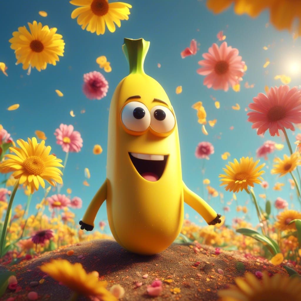 Cheerful Banana with Flowers: Pixar-Style 3D Render