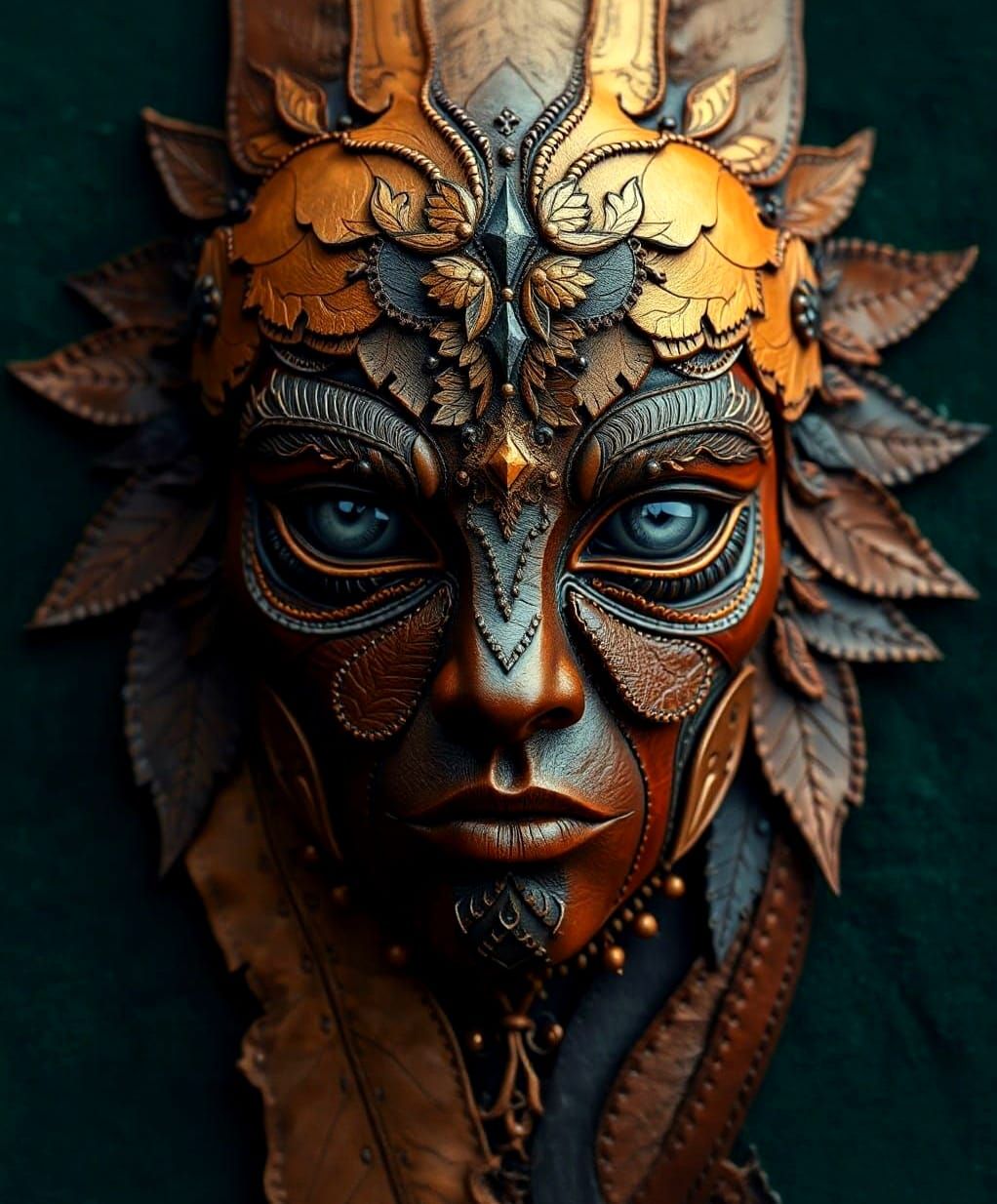 Intricate Leather Face Sculpture in Earth Tones