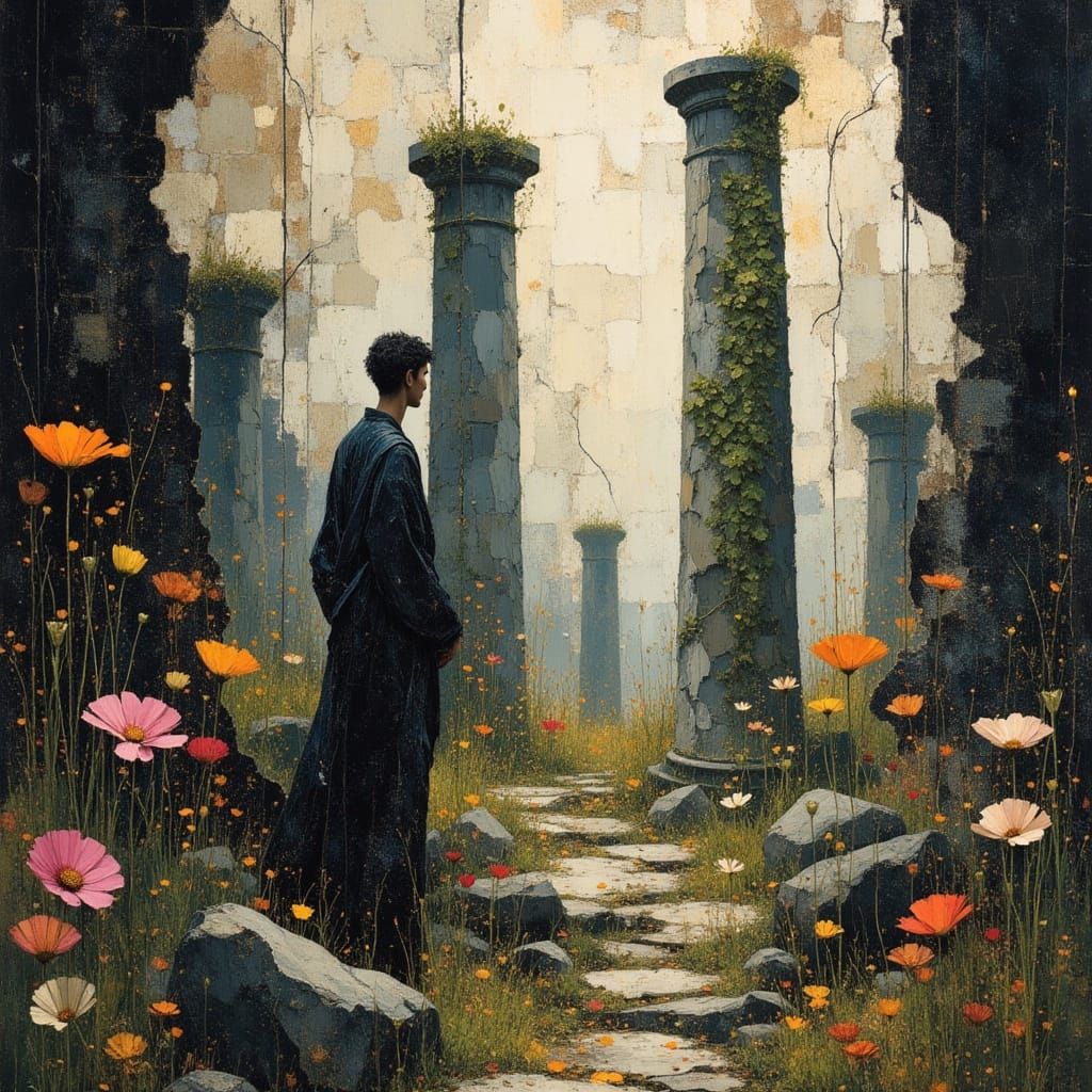 Bewildered Philosopher in Ancient Ruins, Storybook Illustrat...