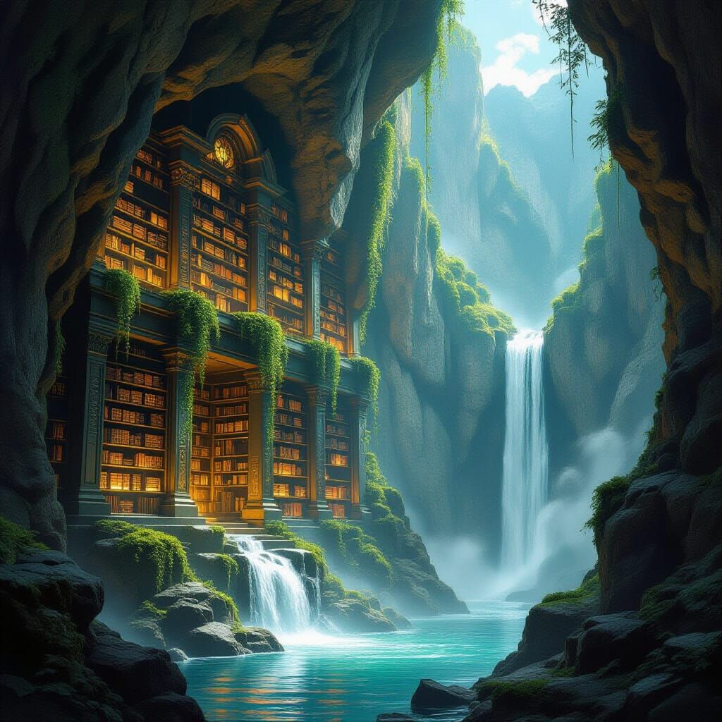 Ancient Mountain Library with Glowing Tomes in Fantasy Style