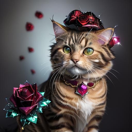 Fluffy Tabby Cat in Tartan Cap Portrait