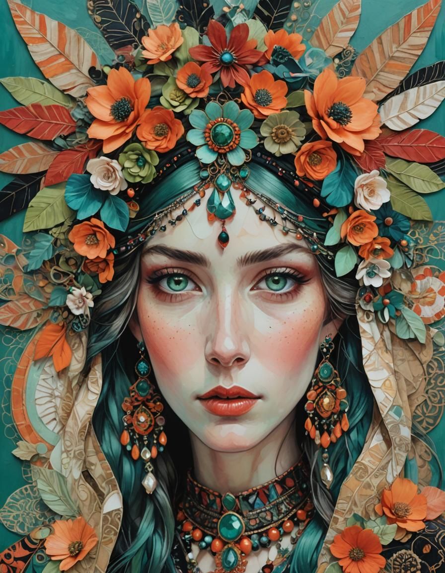 Beautiful Woman with Elaborate Headdress in Mixed Media Art