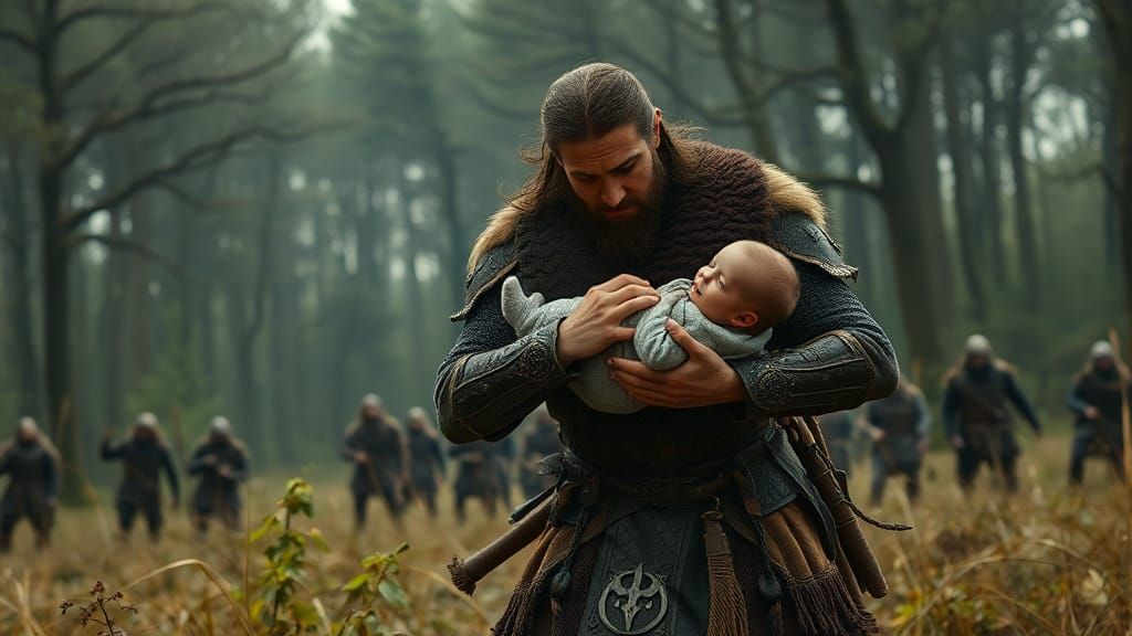 Warrior Escapes Battlefield With Baby in Mythical Forest
