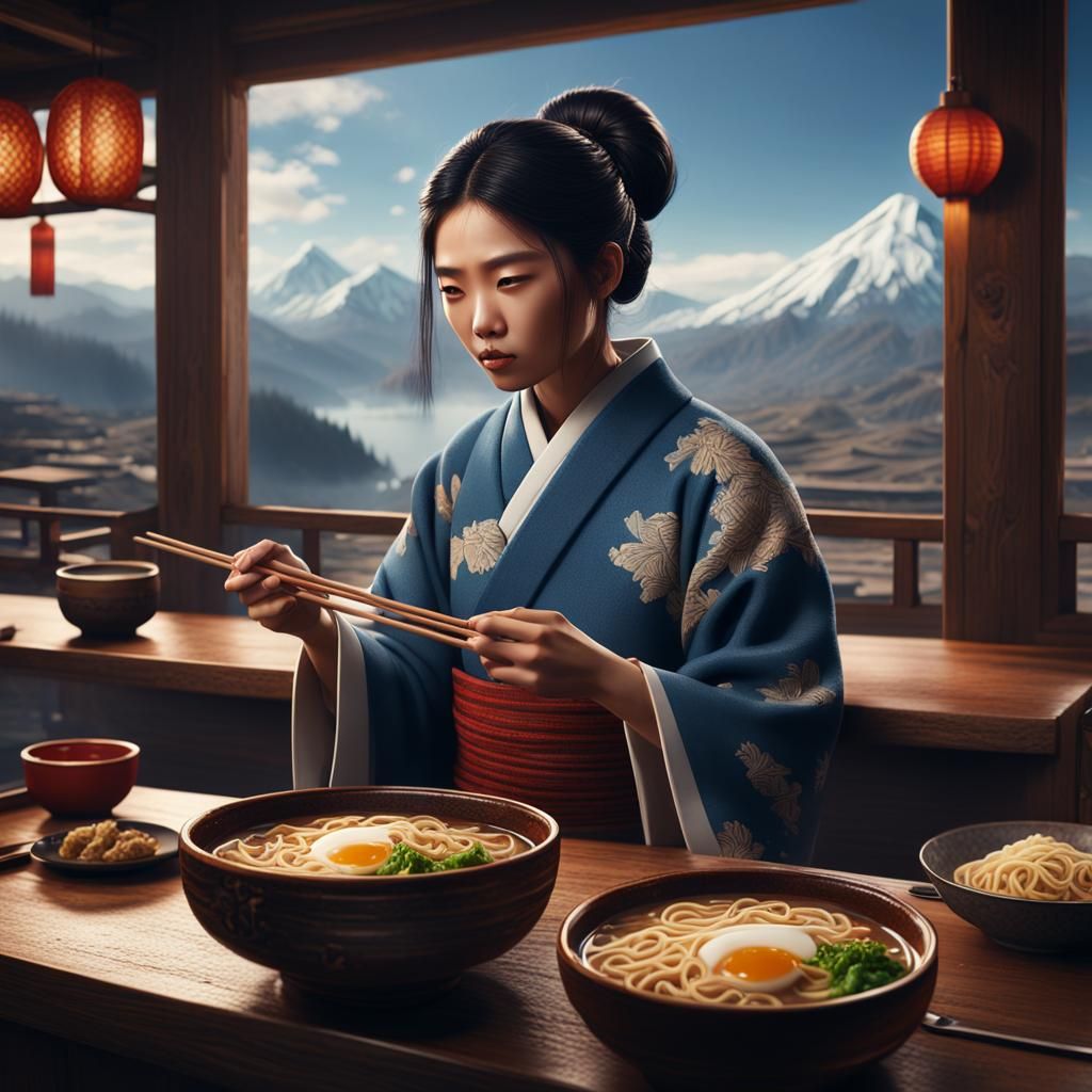 Asian Woman Eating Ramen in Detailed Matte Painting